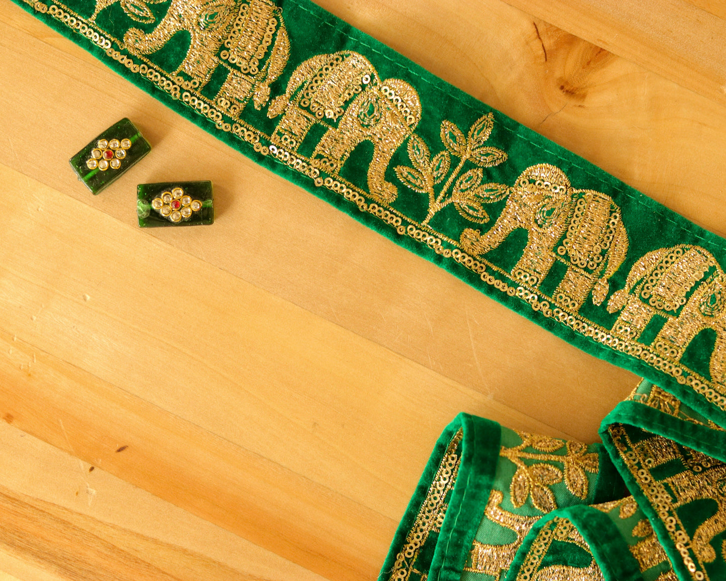 Green Gold Elephant Embroidered Trim,Green Gold Elephant Border,Green Gold Embroidery Lace,Boho Trim,Royal Indian Designer Trim, 75 cm