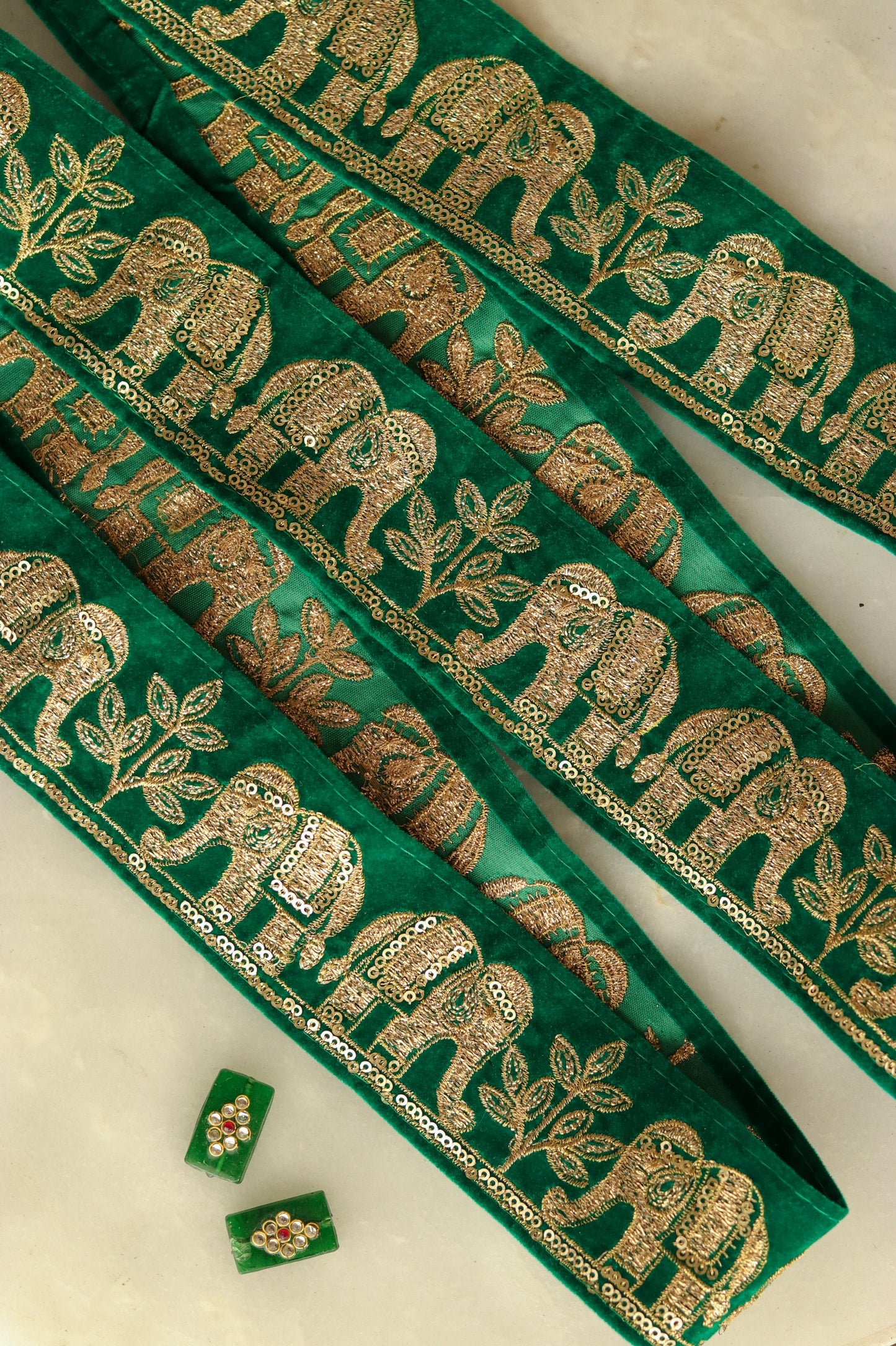 Green Gold Elephant Embroidered Trim,Green Gold Elephant Border,Green Gold Embroidery Lace,Boho Trim,Royal Indian Designer Trim, 75 cm