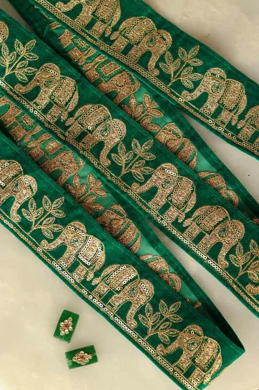 Green Gold Elephant Embroidered Trim,Green Gold Elephant Border,Green Gold Embroidery Lace,Boho Trim,Royal Indian Designer Trim, 75 cm
