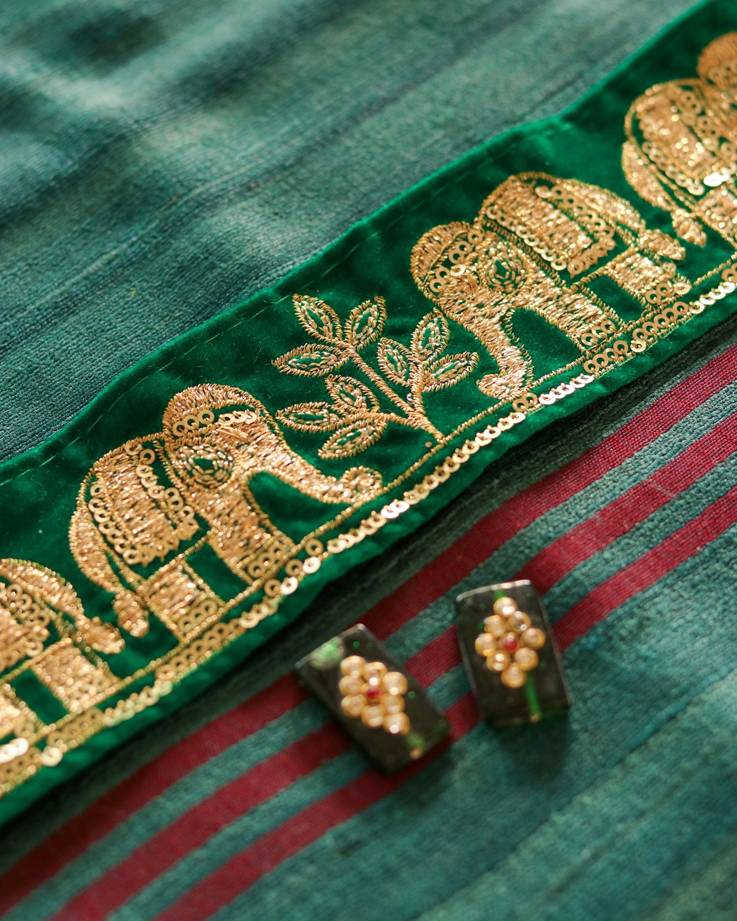 Green Gold Elephant Embroidered Trim,Green Gold Elephant Border,Green Gold Embroidery Lace,Boho Trim,Royal Indian Designer Trim, 75 cm