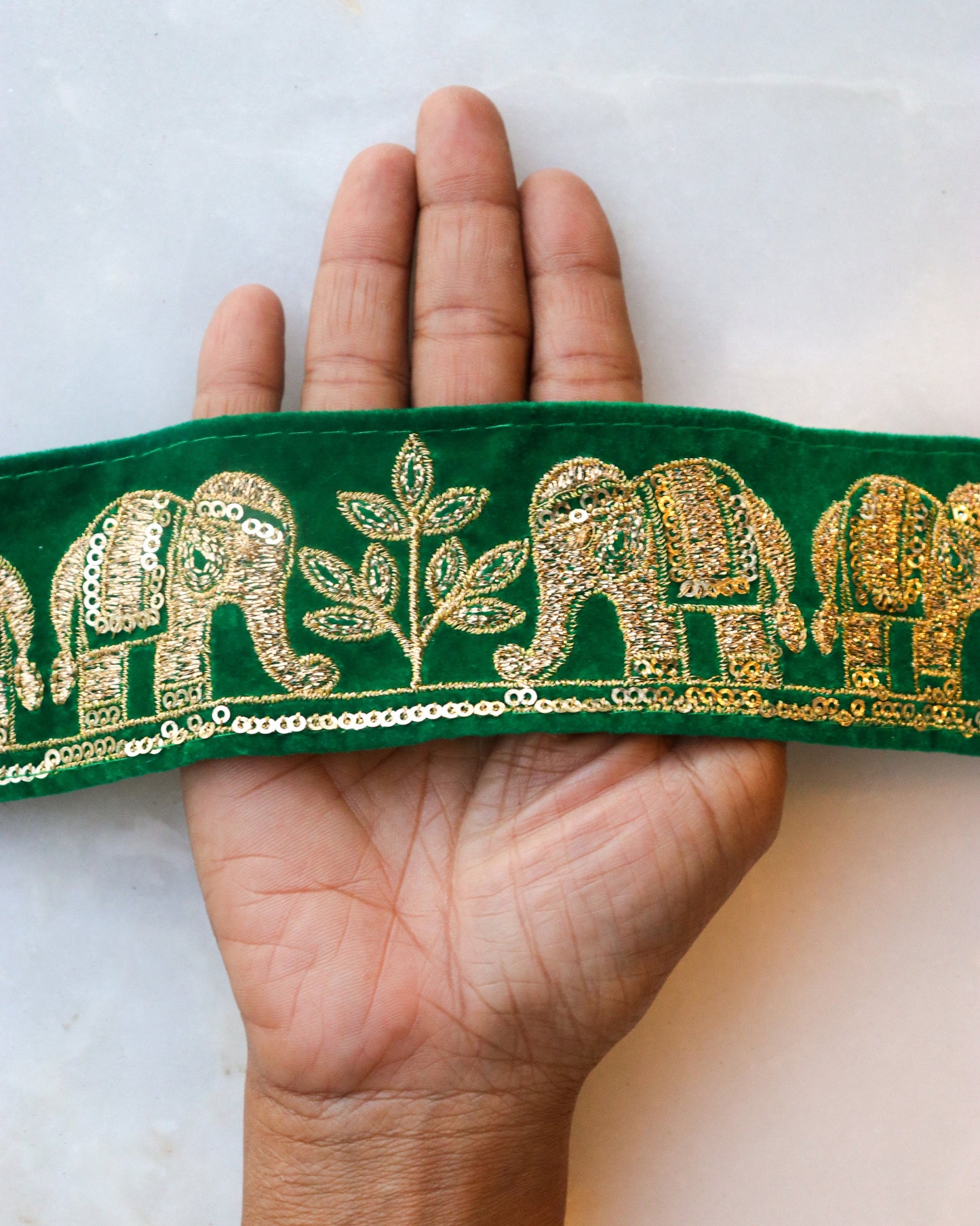 Green Gold Elephant Embroidered Trim,Green Gold Elephant Border,Green Gold Embroidery Lace,Boho Trim,Royal Indian Designer Trim, 75 cm