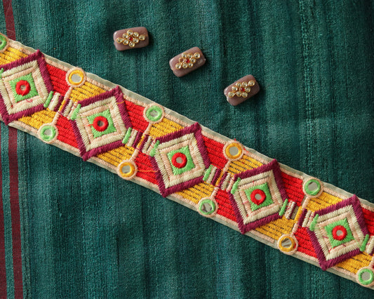 Red Yellow Checks Embroidered Trim,Multicolour Embroidered Border,White Red Checks Trim,Boho Hippie Checks Lace,Indian Fabric Trim,Price/mtr