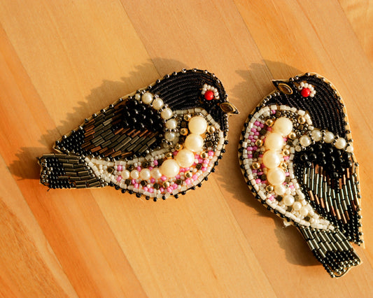 Black Sparrow beaded embroidered patch,Handmade beaded applique, Black white bird patch,Costume Denim Patch,Sew on applique,DIY Patch