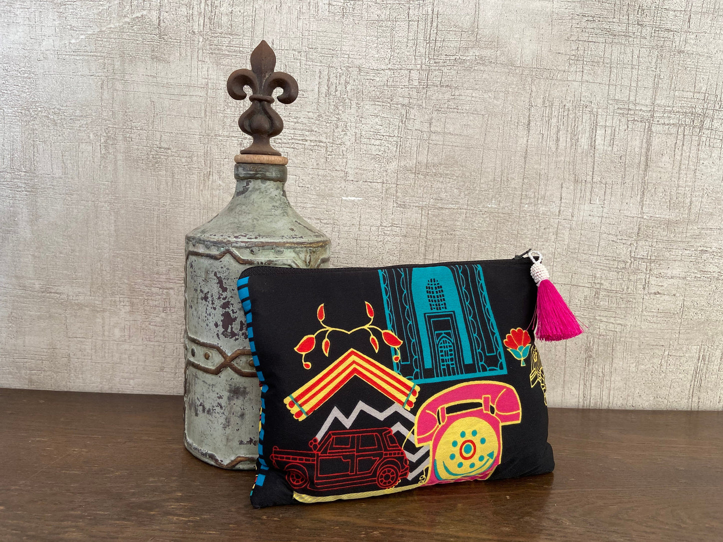 Bambai - Mumbai Print make-up pouch,Quirky Bombay Print Toiletry Travel Accessory bag,Boho clutch,Zip pouch,Stocking filler,Christmas gift