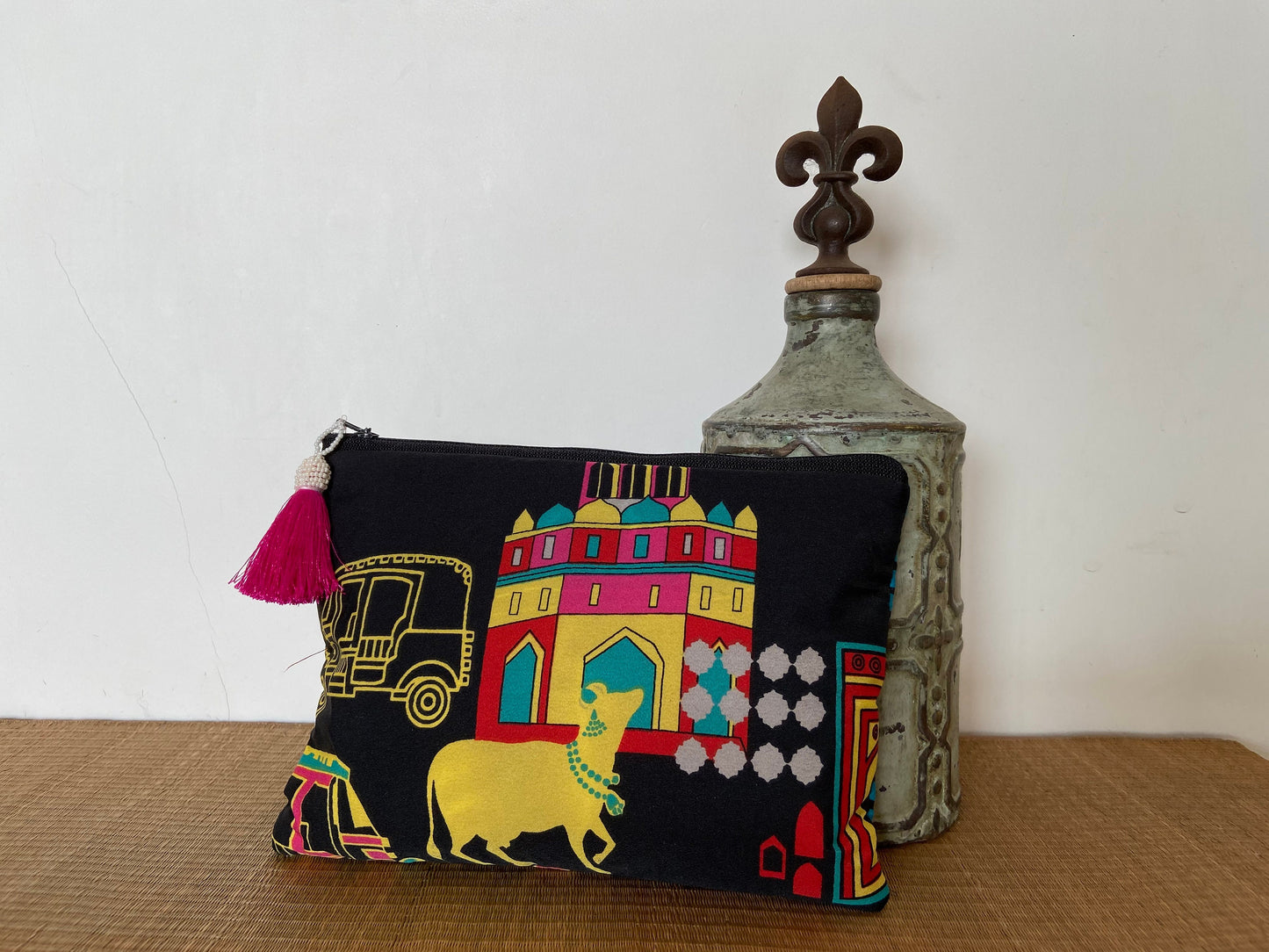 Bambai - Mumbai Print make-up pouch,Quirky Bombay Print Toiletry Travel Accessory bag,Boho clutch,Zip pouch,Stocking filler,Christmas gift