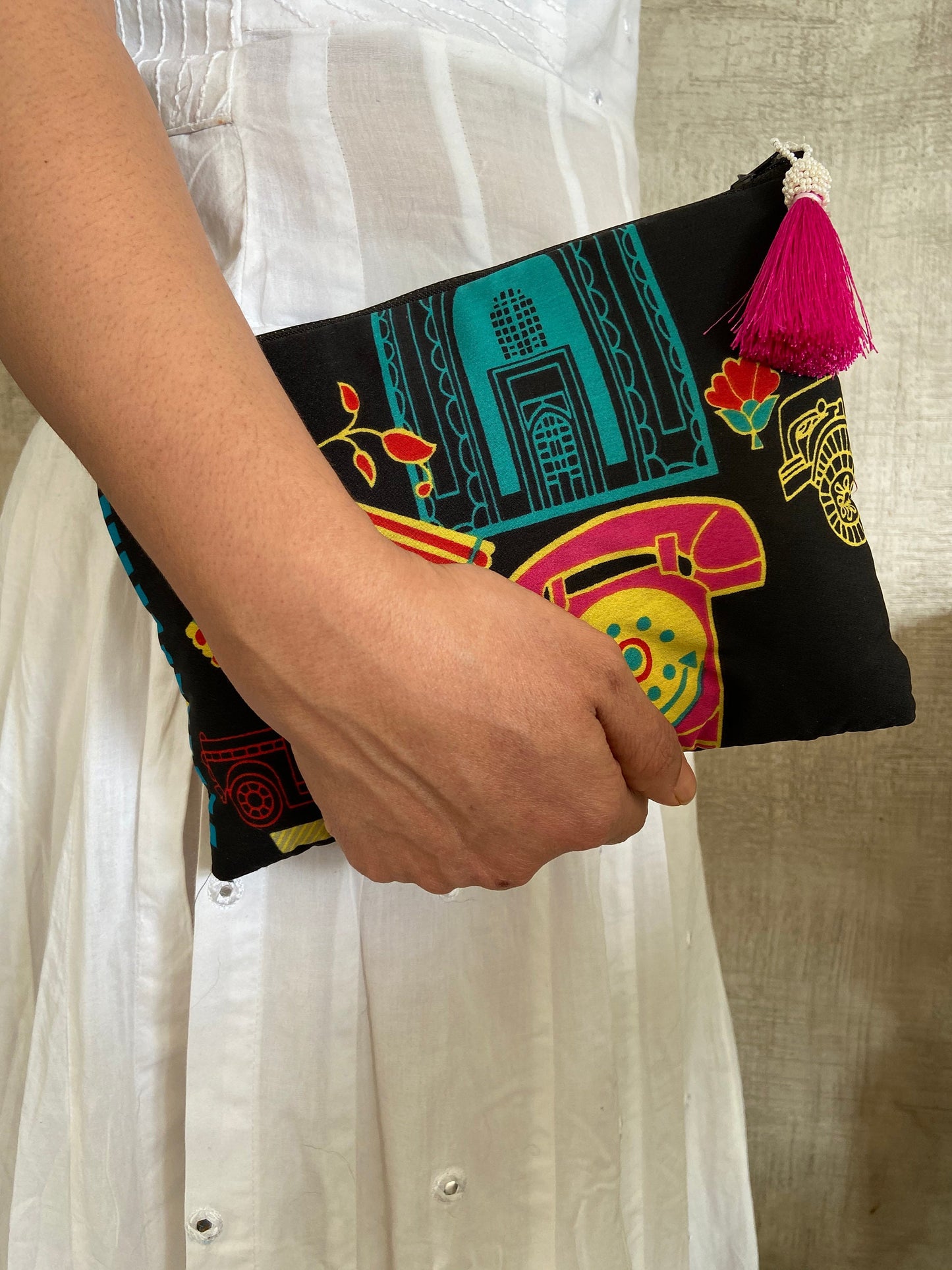 Bambai - Mumbai Print make-up pouch,Quirky Bombay Print Toiletry Travel Accessory bag,Boho clutch,Zip pouch,Stocking filler,Christmas gift