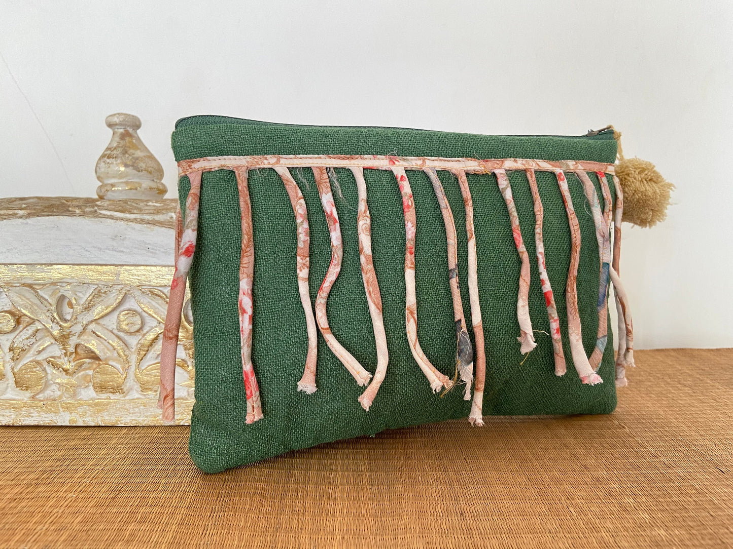 Jungle - Green Jute Fringe pouch,Boho Make-up pouch,Fringe lace Toiletry Travel Accessory bag,Quirky clutch,Stocking filler,Christmas gift