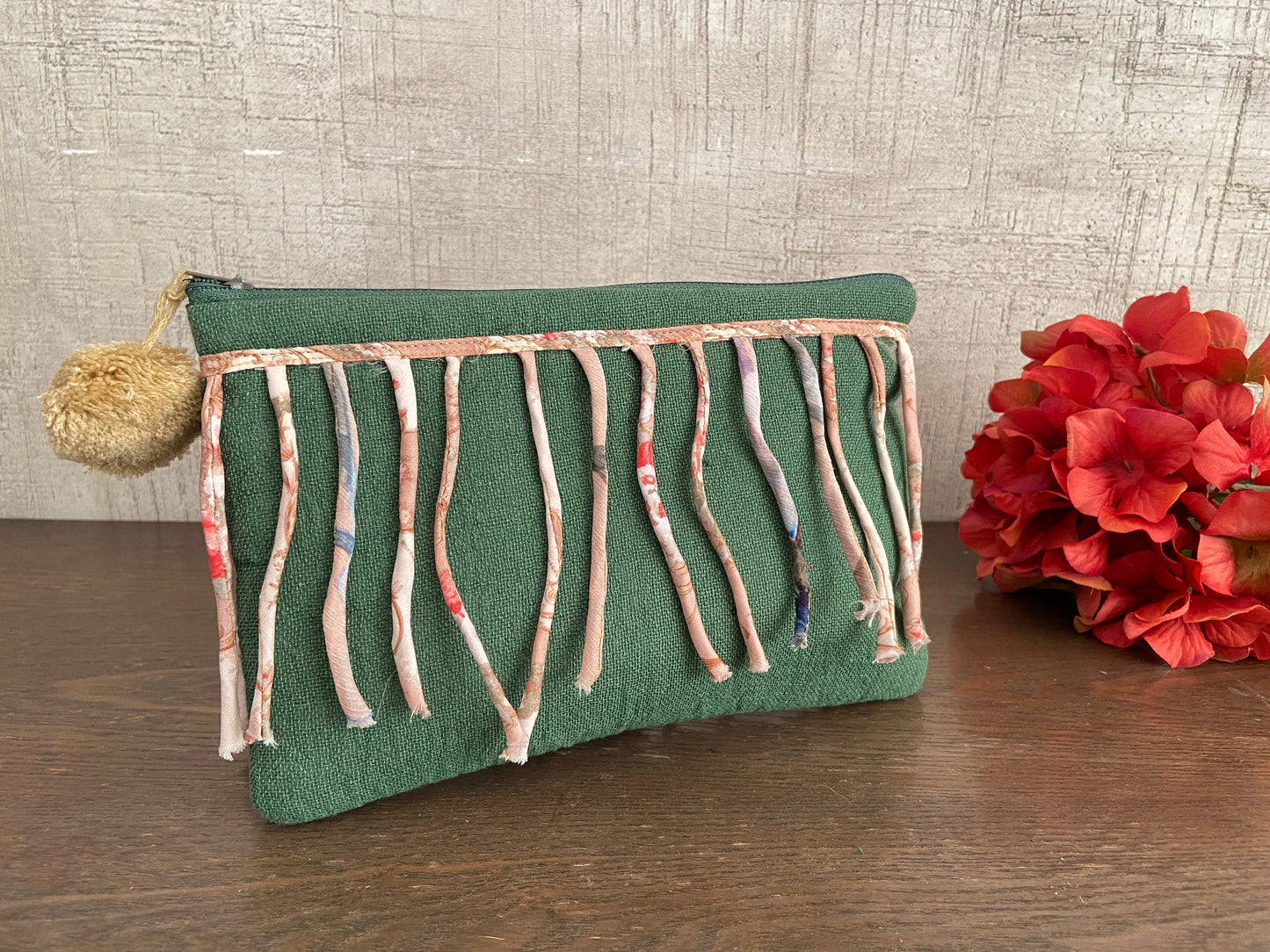 Jungle - Green Jute Fringe pouch,Boho Make-up pouch,Fringe lace Toiletry Travel Accessory bag,Quirky clutch,Stocking filler,Christmas gift