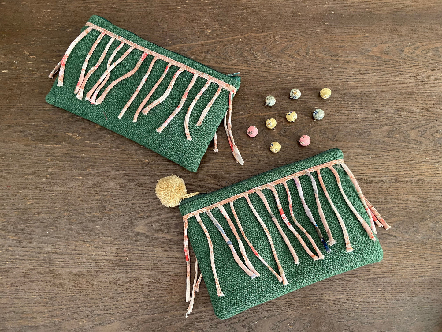 Jungle - Green Jute Fringe pouch,Boho Make-up pouch,Fringe lace Toiletry Travel Accessory bag,Quirky clutch,Stocking filler,Christmas gift