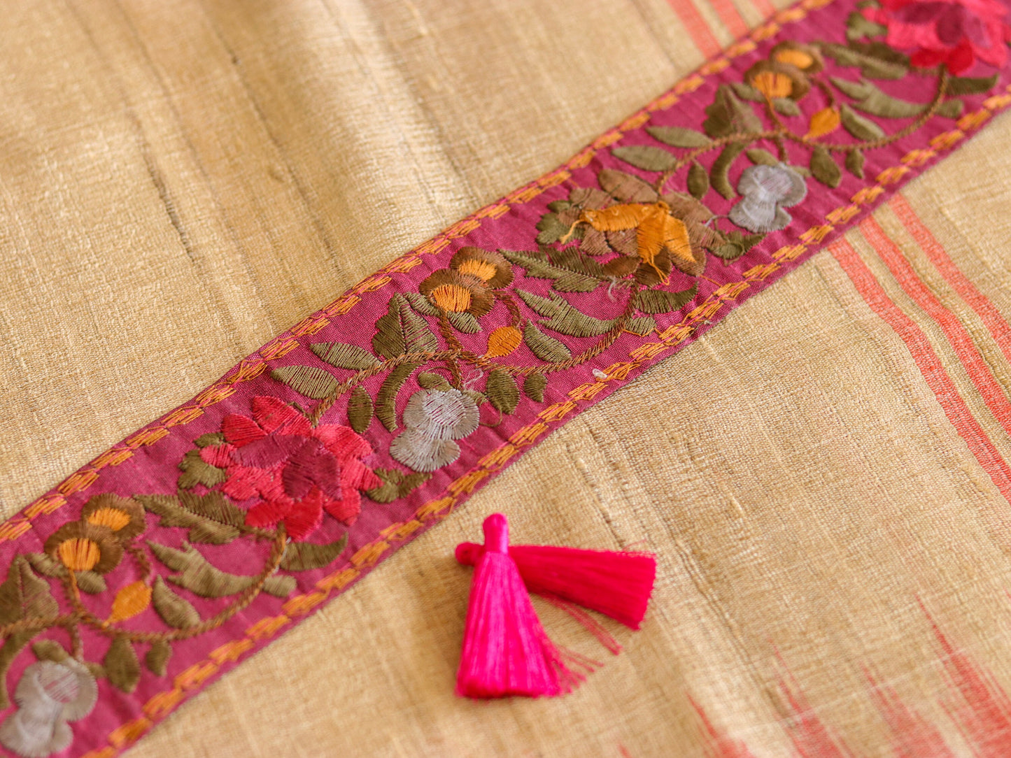 Pink Yellow Floral Embroidered Trim,Indian Fabric Embroidered Border,Pink Floral Lace,Parsi Embroidery Border,Pink Saree Border,Price/mtr