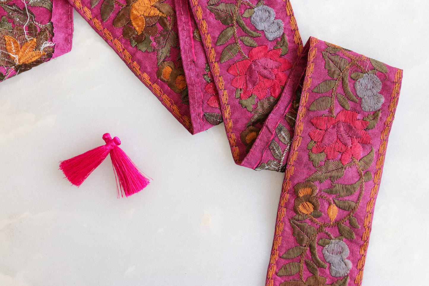 Pink Yellow Floral Embroidered Trim,Indian Fabric Embroidered Border,Pink Floral Lace,Parsi Embroidery Border,Pink Saree Border,Price/mtr