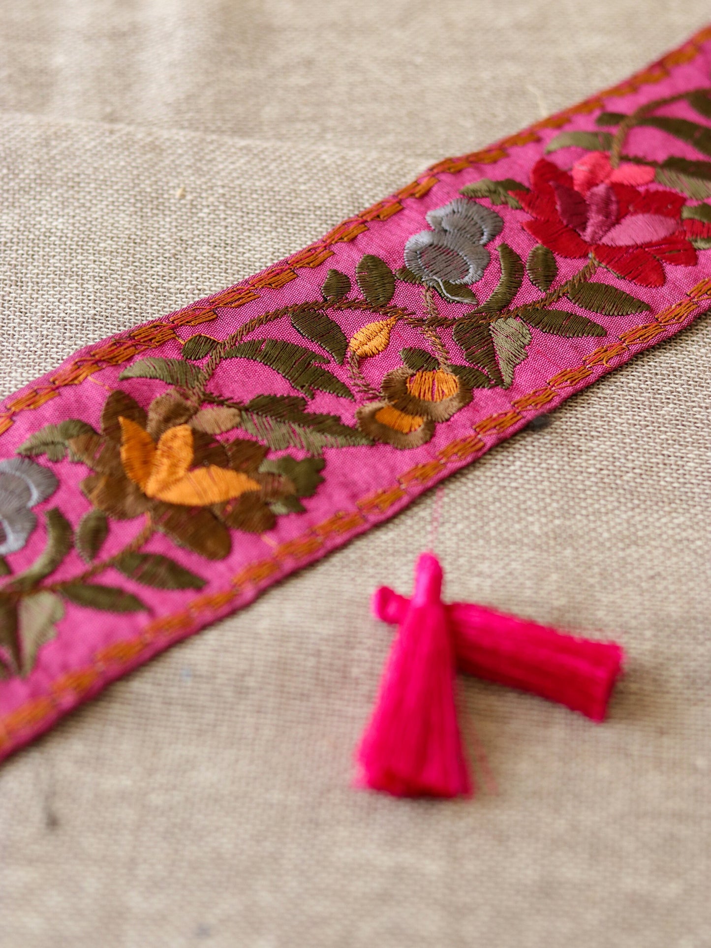 Pink Yellow Floral Embroidered Trim,Indian Fabric Embroidered Border,Pink Floral Lace,Parsi Embroidery Border,Pink Saree Border,Price/mtr