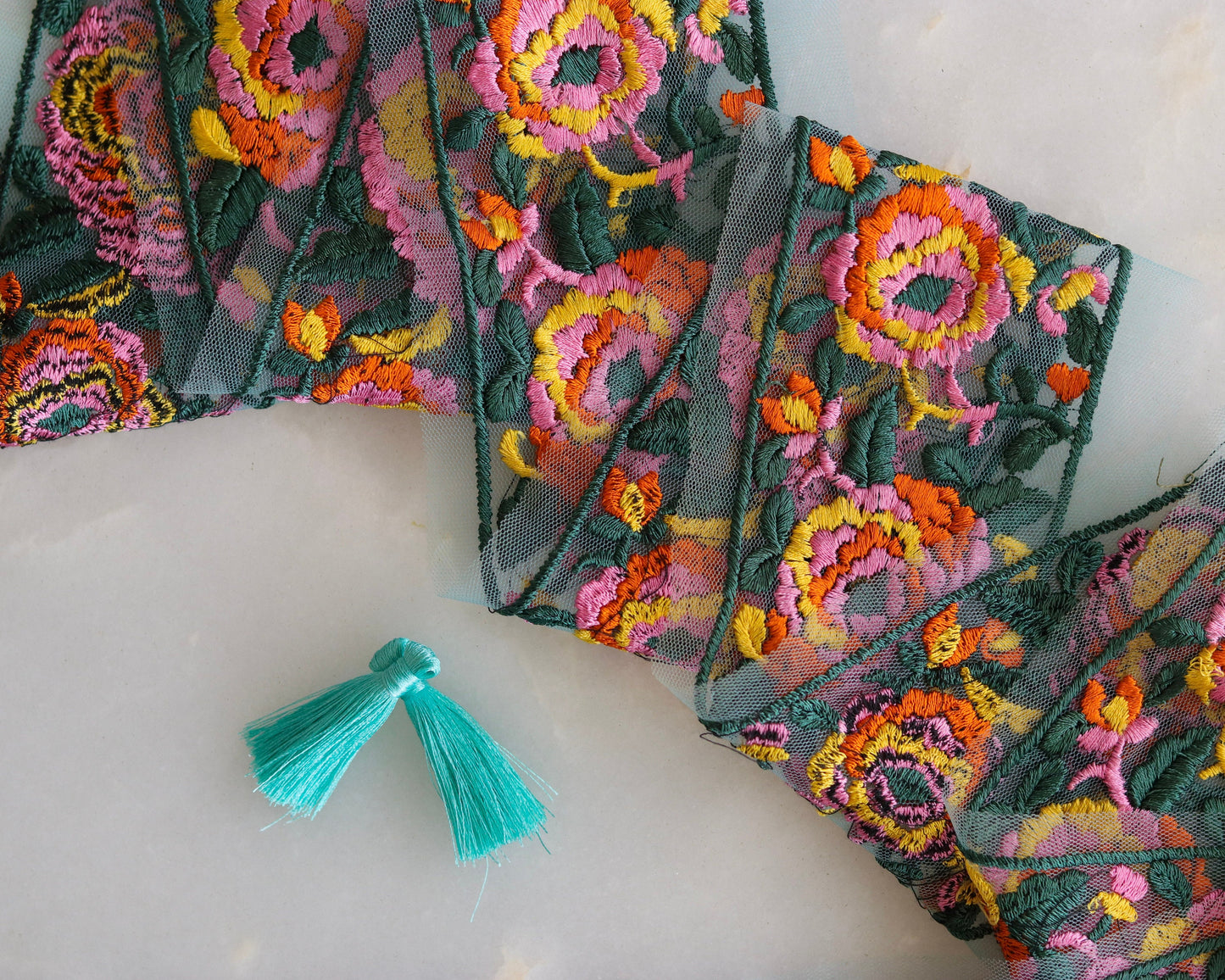 Teal Pink Floral Embroidered Trim,Teal Net Floral Border,Embroidery Lace,Green Net Lace,Pink Floral Trim,Indian Trim,Saree Border,Price/mt