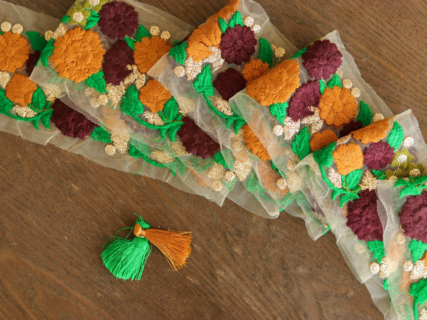 Brown Yellow Floral Embroidered Trim,Brown Floral Net Border,Embroidery Lace,Brown Yellow Floral Net Lace,Indian Trim,Saree Border,Price/mt