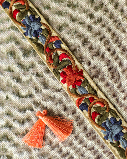 Red Grey Floral Embroidered Trim,Indian Fabric Embroidered Border,Rust Red Floral Lace,Parsi Embroidery Border,Red Saree Border,Price/mtr