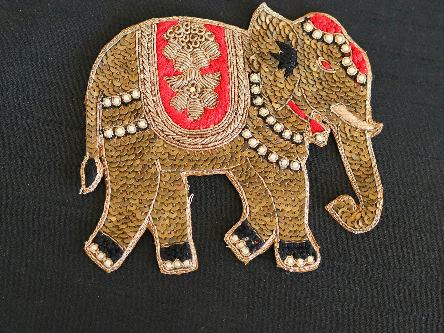 Gold Red Elephant Embroidered Patch,Handmade embroidered applique,Sequin Elephant Patch,Animal patch,Denim Patch,Sew on applique,DIY Patch
