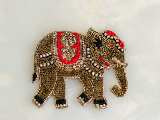 Gold Red Elephant Embroidered Patch,Handmade embroidered applique,Sequin Elephant Patch,Animal patch,Denim Patch,Sew on applique,DIY Patch