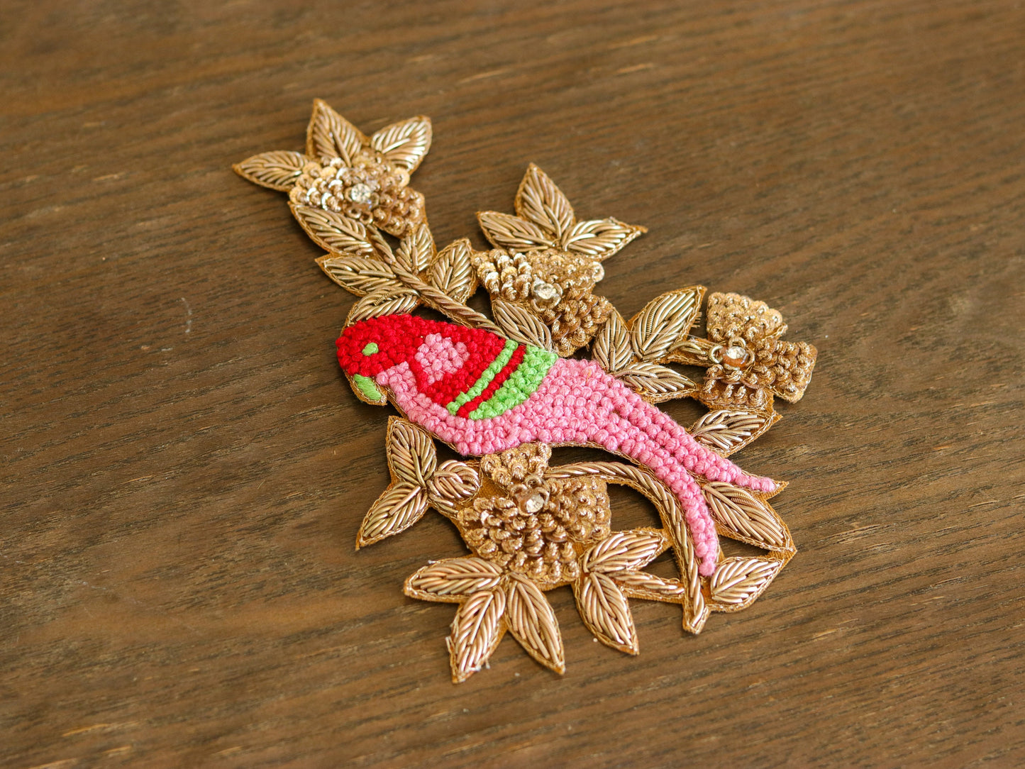 Pink Gold Parrot embroidered patch,Handmade embroidered applique,Pink Gold bird patch,Costume Denim Patch,Sew on applique,DIY Patch