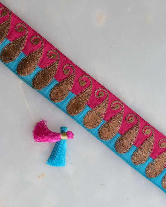 Blue Gold Paisley Embroidered Trim,Handmade Blue Gold Indian Border,Pitta Embroidery Lace,Blue Bridal Saree Border,Vintage Trim,Price/mt