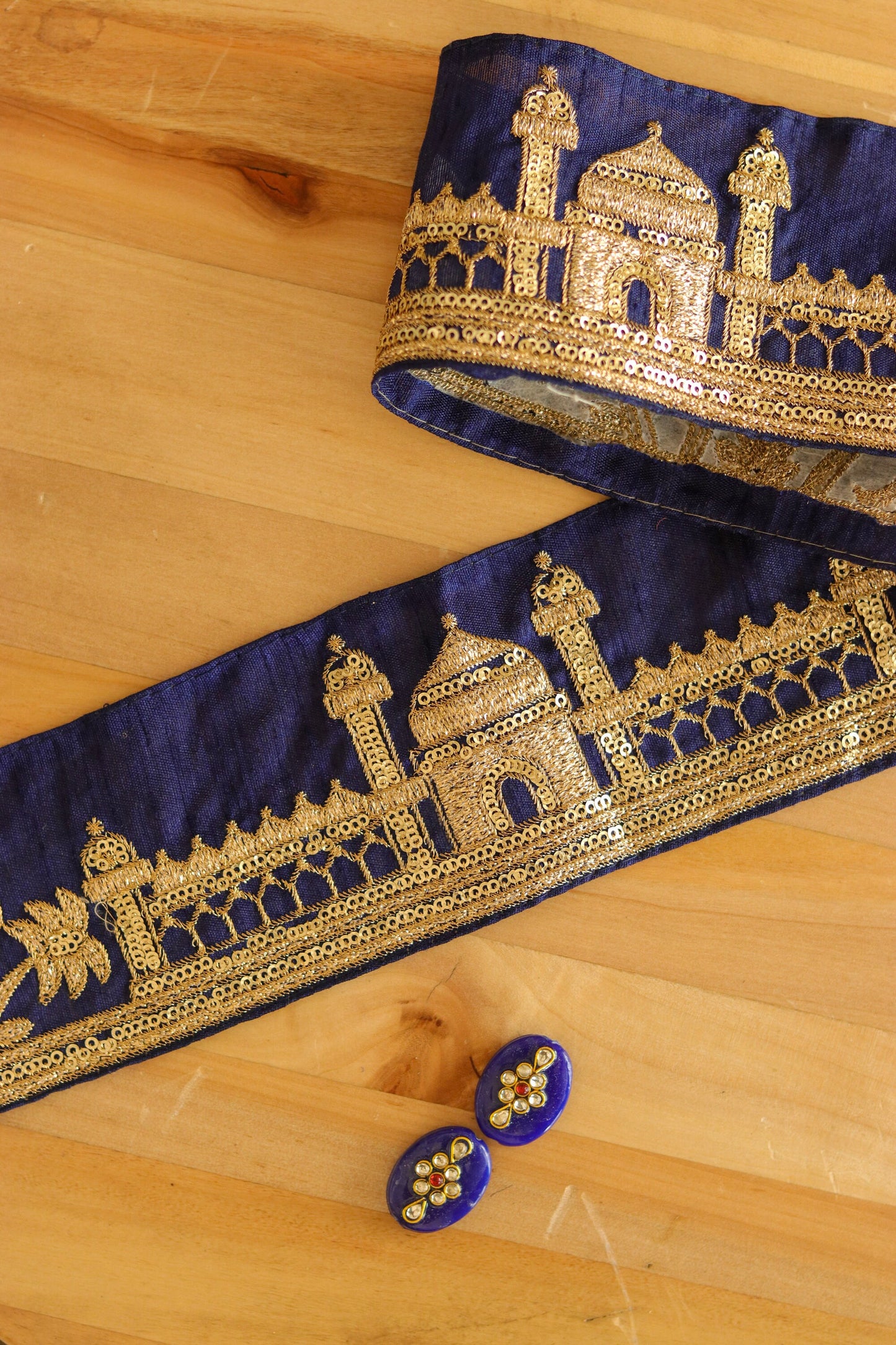 Blue Tiger Palace Embroidered Trim,Blue Gold Palace Border,Animal Embroidery Lace,Deep Blue Boho Trim,Royal Indian Designer Trim,Price/mtr