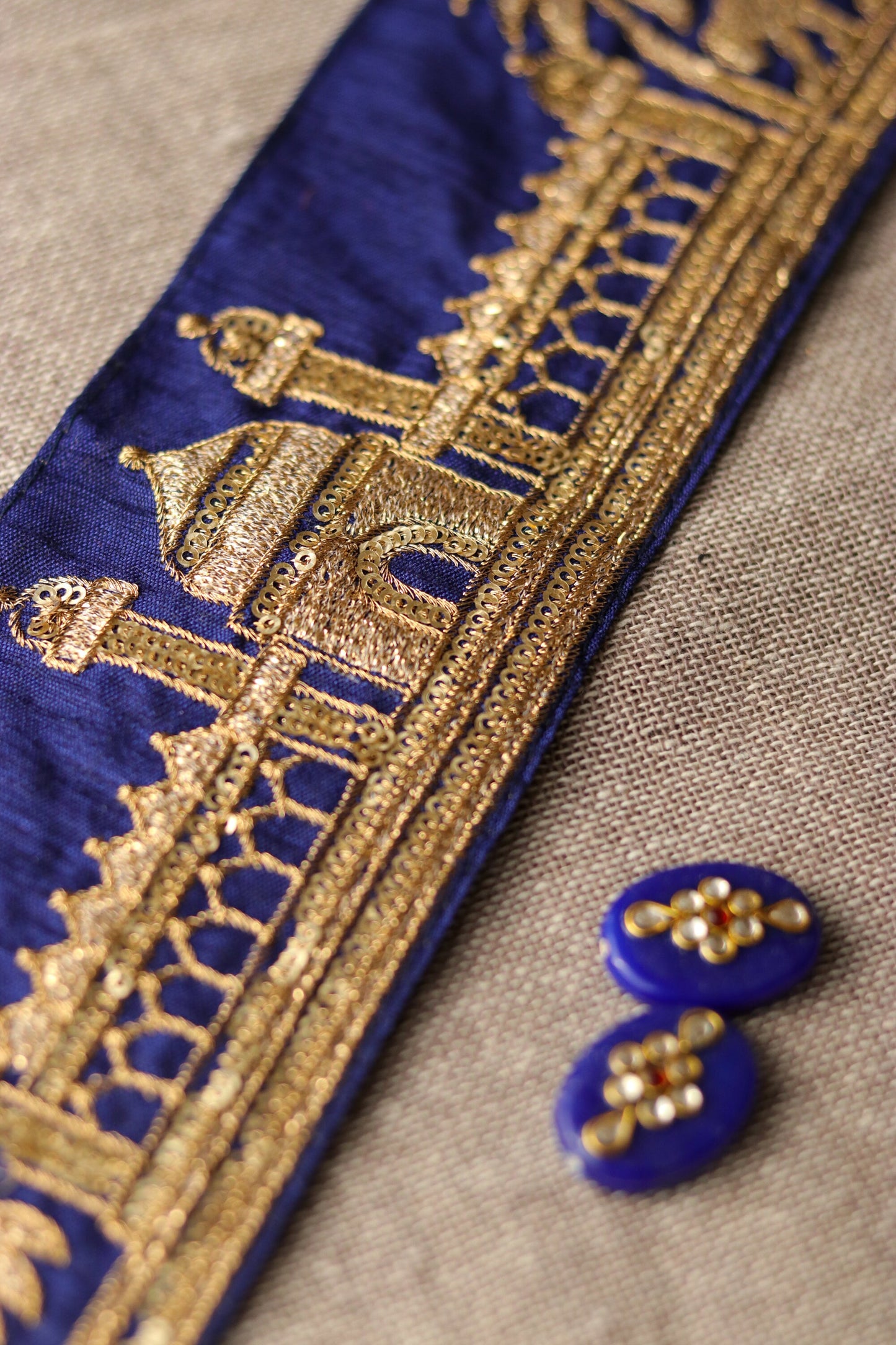 Blue Tiger Palace Embroidered Trim,Blue Gold Palace Border,Animal Embroidery Lace,Deep Blue Boho Trim,Royal Indian Designer Trim,Price/mtr