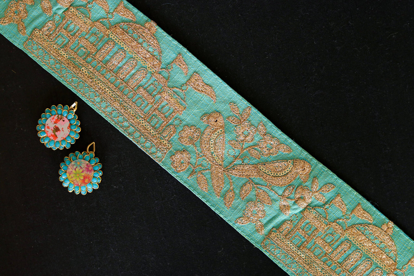 Mint Green Parrot Palace Trim,Green Gold Embroidered Palace Border,Bird Embroidery Lace,Mint Boho Trim,Royal Indian Designer Trim,Price/mtr