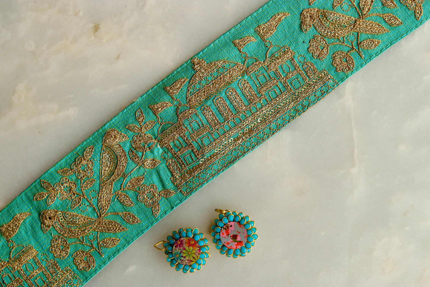 Mint Green Parrot Palace Trim,Green Gold Embroidered Palace Border,Bird Embroidery Lace,Mint Boho Trim,Royal Indian Designer Trim,Price/mtr