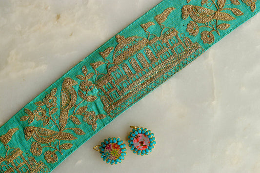 Mint Green Parrot Palace Trim,Green Gold Embroidered Palace Border,Bird Embroidery Lace,Mint Boho Trim,Royal Indian Designer Trim,Price/mtr