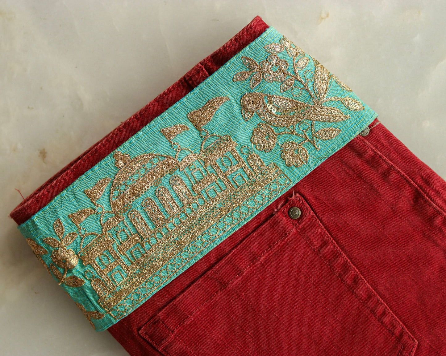 Mint Green Parrot Palace Trim,Green Gold Embroidered Palace Border,Bird Embroidery Lace,Mint Boho Trim,Royal Indian Designer Trim,Price/mtr