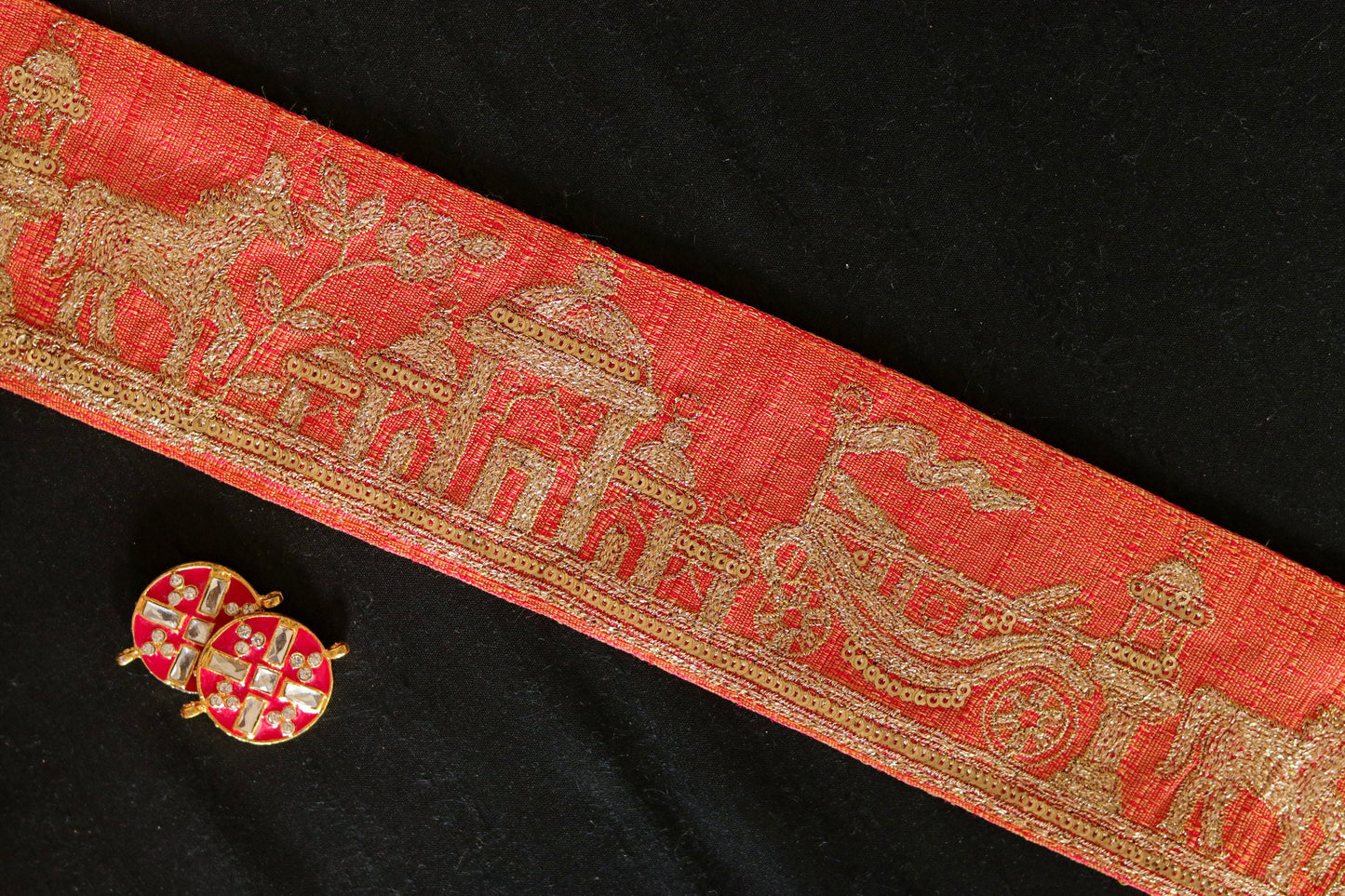 Peach Gold Chariot Palace Trim,Peach Gold Embroidered Palace Border,Horse Embroidery Lace,Boho Trim,Royal Indian Designer Trim,Price/mt