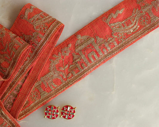 Peach Gold Chariot Palace Trim,Peach Gold Embroidered Palace Border,Horse Embroidery Lace,Boho Trim,Royal Indian Designer Trim,Price/mt