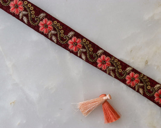Maroon Pink Floral Beaded Trim,Deep Red Floral Border,Floral Embroidered Lace,Maroon Pink Gold Lace,Indian Trim,Maroon Saree Border,Price/mt