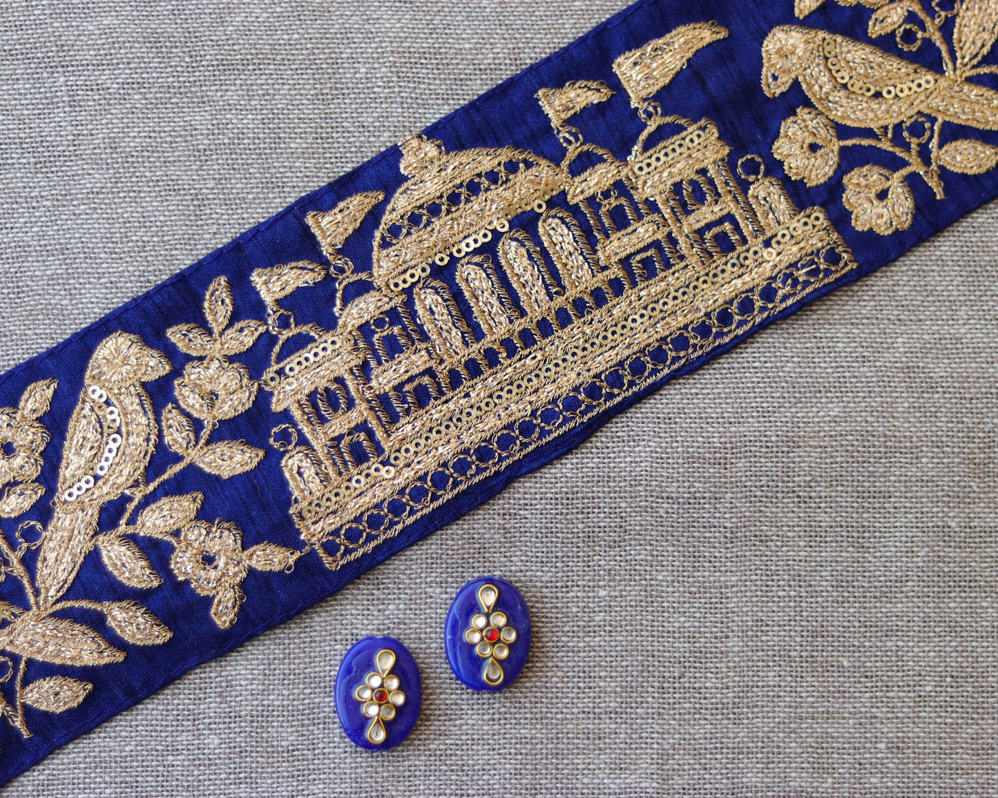 Blue Gold Parrot Palace Trim,Blue Gold Embroidered Palace Border,Bird Palace Lace,Quirky Boho Trim,Indian Designer Saree Border,Price/mt