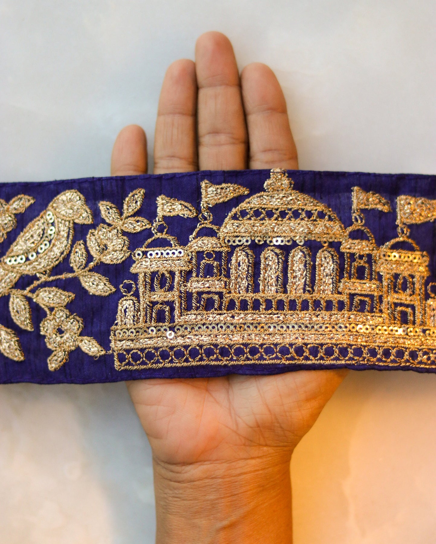 Blue Gold Parrot Palace Trim,Blue Gold Embroidered Palace Border,Bird Palace Lace,Quirky Boho Trim,Indian Designer Saree Border,Price/mt