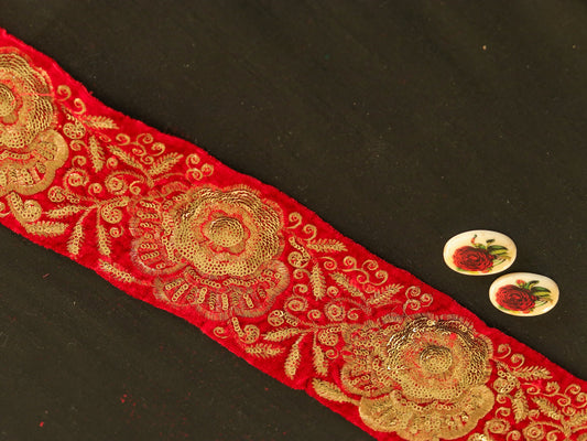 Red Gold Velvet Floral Trim,Indian Embroidered Border,Red Gold Floral Lace,Floral Velvet Saree Border,Broad Red Velvet Border,Price/mtr