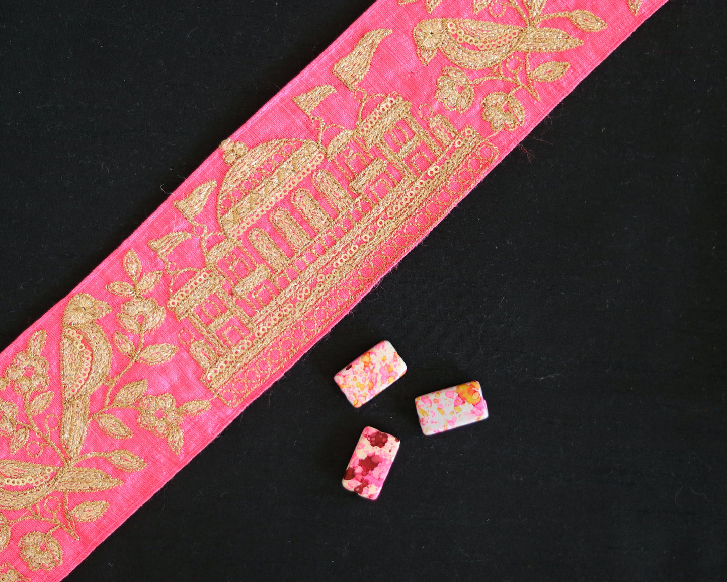 Pink Gold Parrot Palace Trim,Pink Gold Embroidered Palace Border,Bird Palace Lace,Quirky Boho Trim,Indian Designer Saree Border,Price/mt, CL