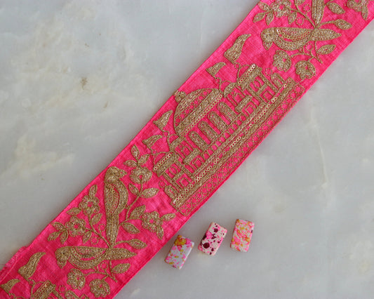 Pink Gold Parrot Palace Trim,Pink Gold Embroidered Palace Border,Bird Palace Lace,Quirky Boho Trim,Indian Designer Saree Border,Price/mt, CL