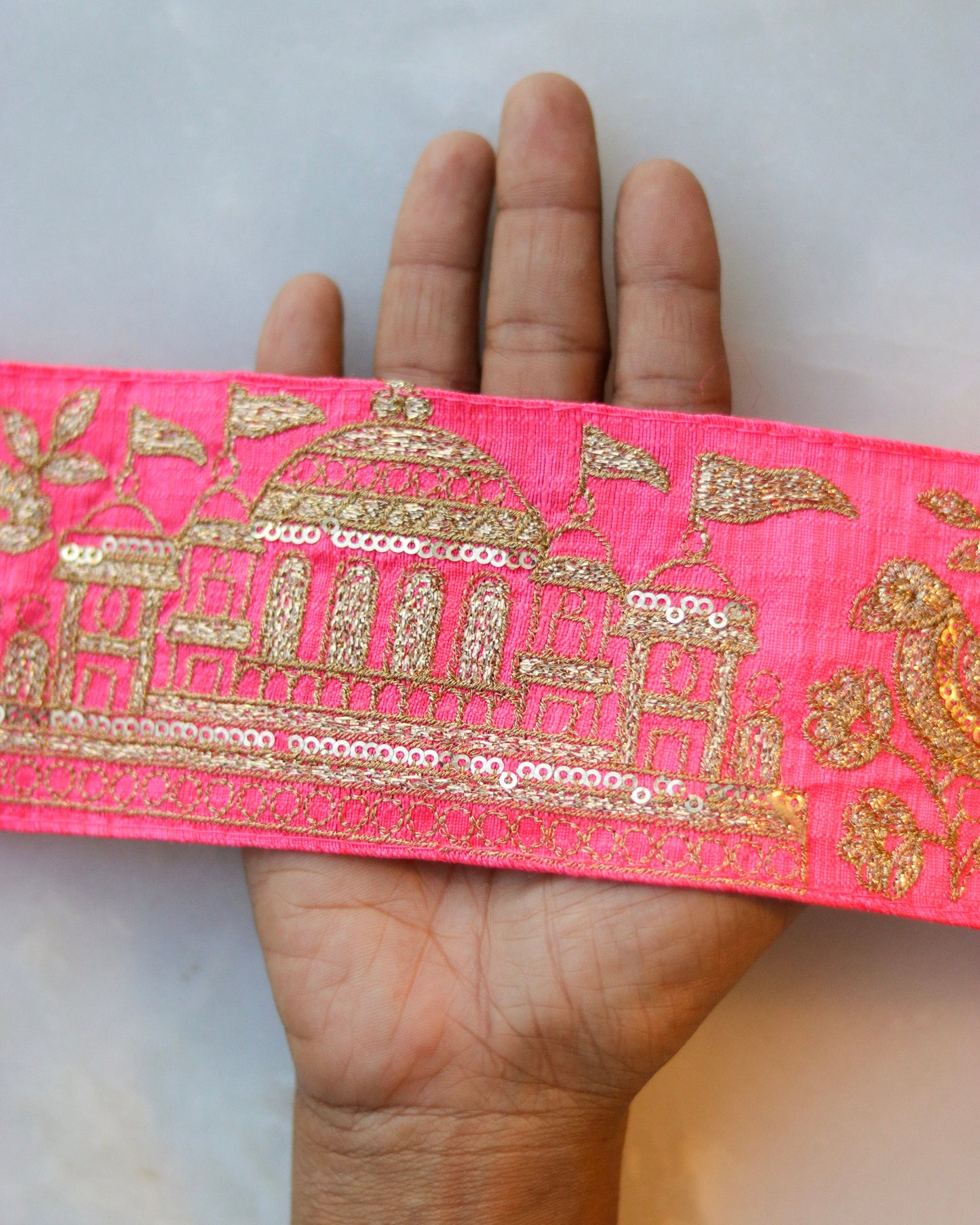 Pink Gold Parrot Palace Trim,Pink Gold Embroidered Palace Border,Bird Palace Lace,Quirky Boho Trim,Indian Designer Saree Border,Price/mt