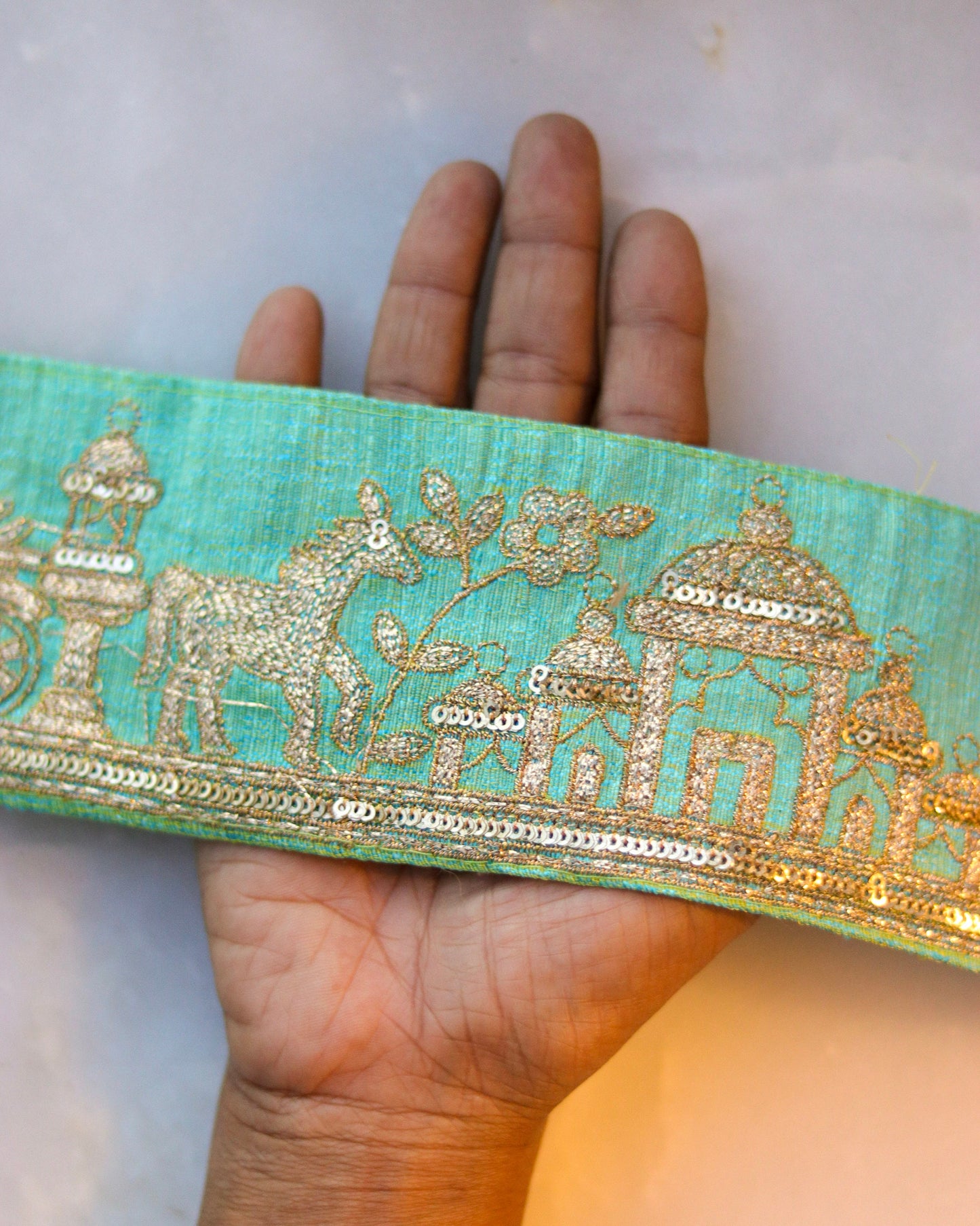 Mint Green Chariot Palace Trim,Green Gold Embroidered Palace Border,Horse Embroidery Lace,Mint Boho Trim,Royal Indian Designer Trim,Price/mt