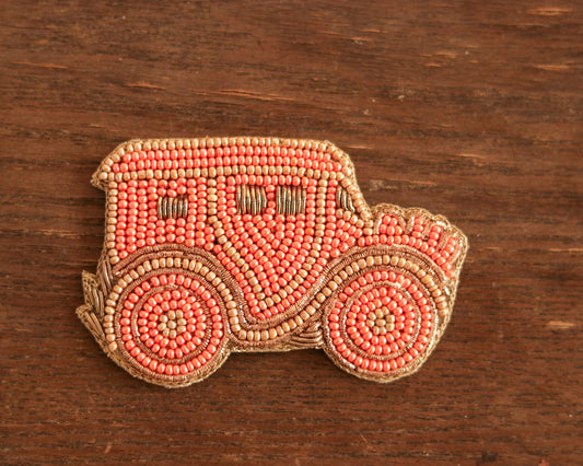 Vintage Car beaded embroidered patch,Peach Quirky Handmade Beaded Car applique,Boho patch,Vehicle applique,Costume Denim Sew on DIY Patch