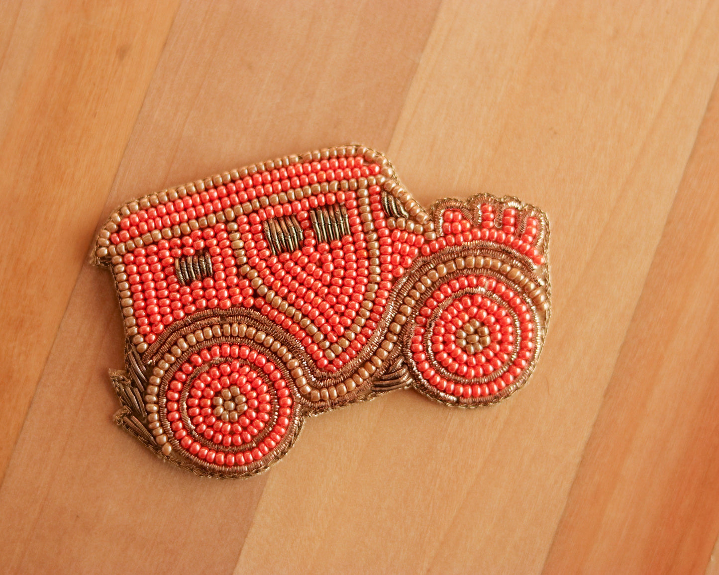 Vintage Car beaded embroidered patch,Peach Quirky Handmade Beaded Car applique,Boho patch,Vehicle applique,Costume Denim Sew on DIY Patch
