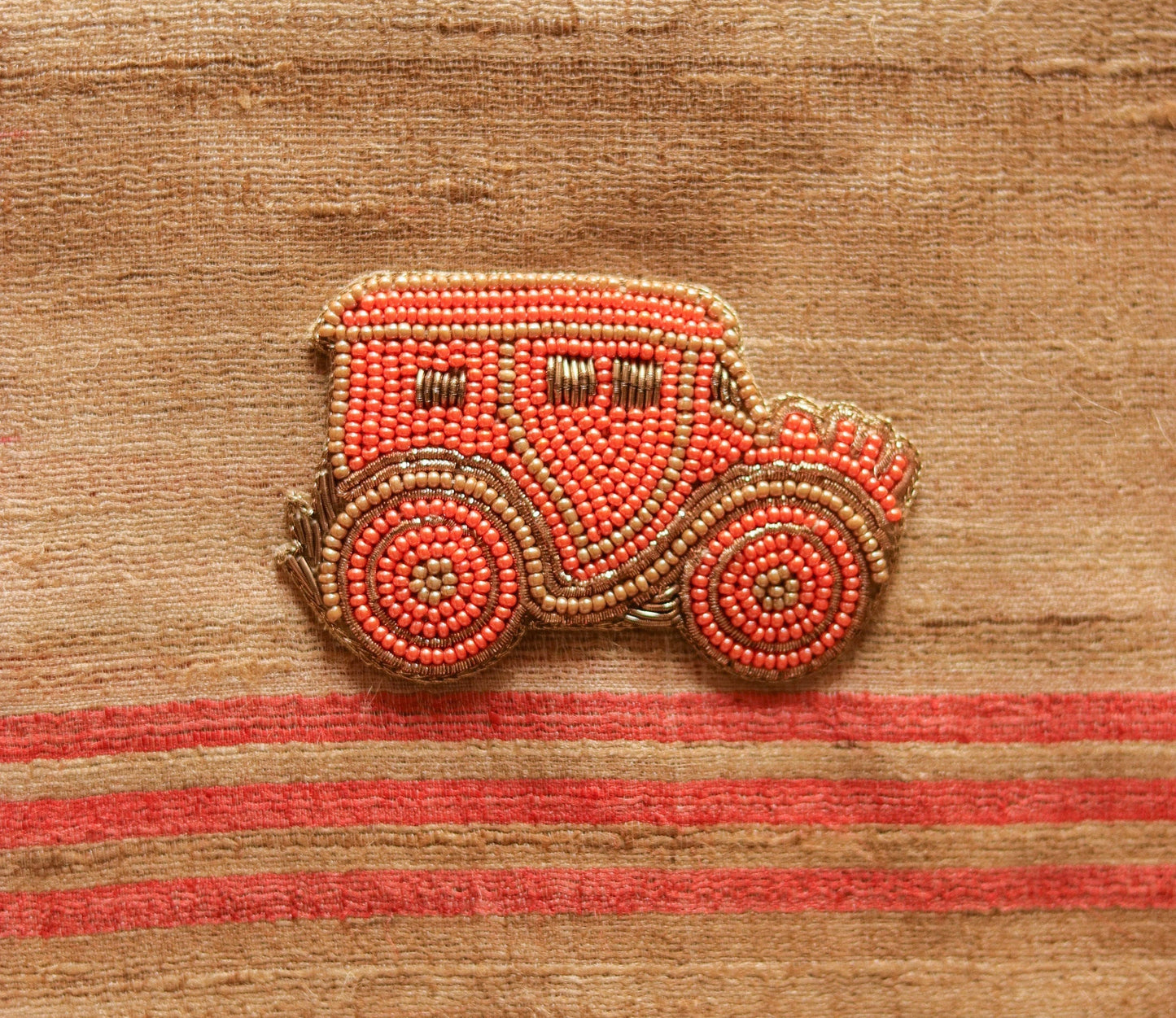 Vintage Car beaded embroidered patch,Peach Quirky Handmade Beaded Car applique,Boho patch,Vehicle applique,Costume Denim Sew on DIY Patch