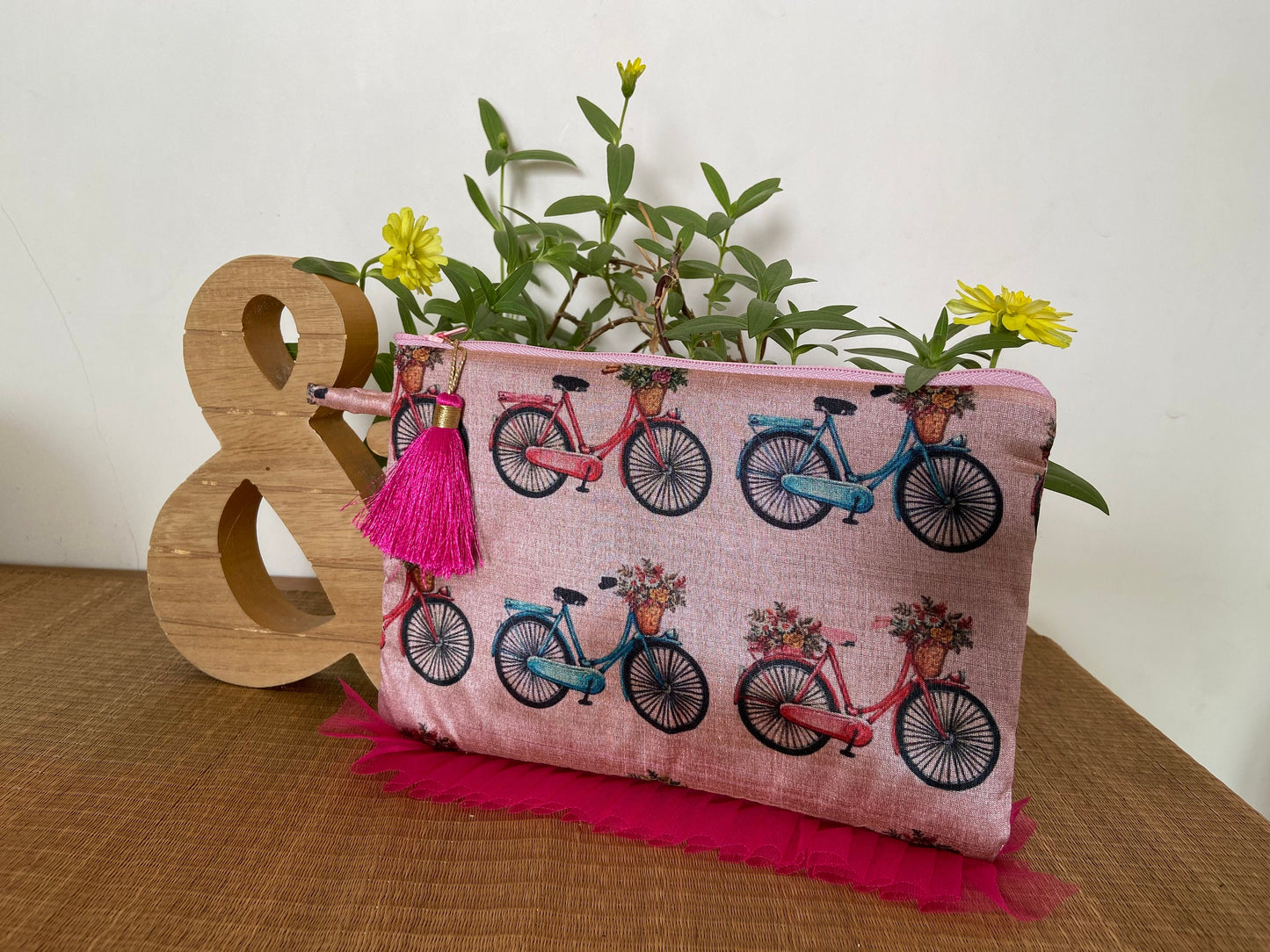 Savaari - Pink Cycle Print pouch,Quirky Make-up Cosmetic Toiletry Travel Accessory bag,Boho clutch,Zip pouch,Stocking filler,Christmas gift