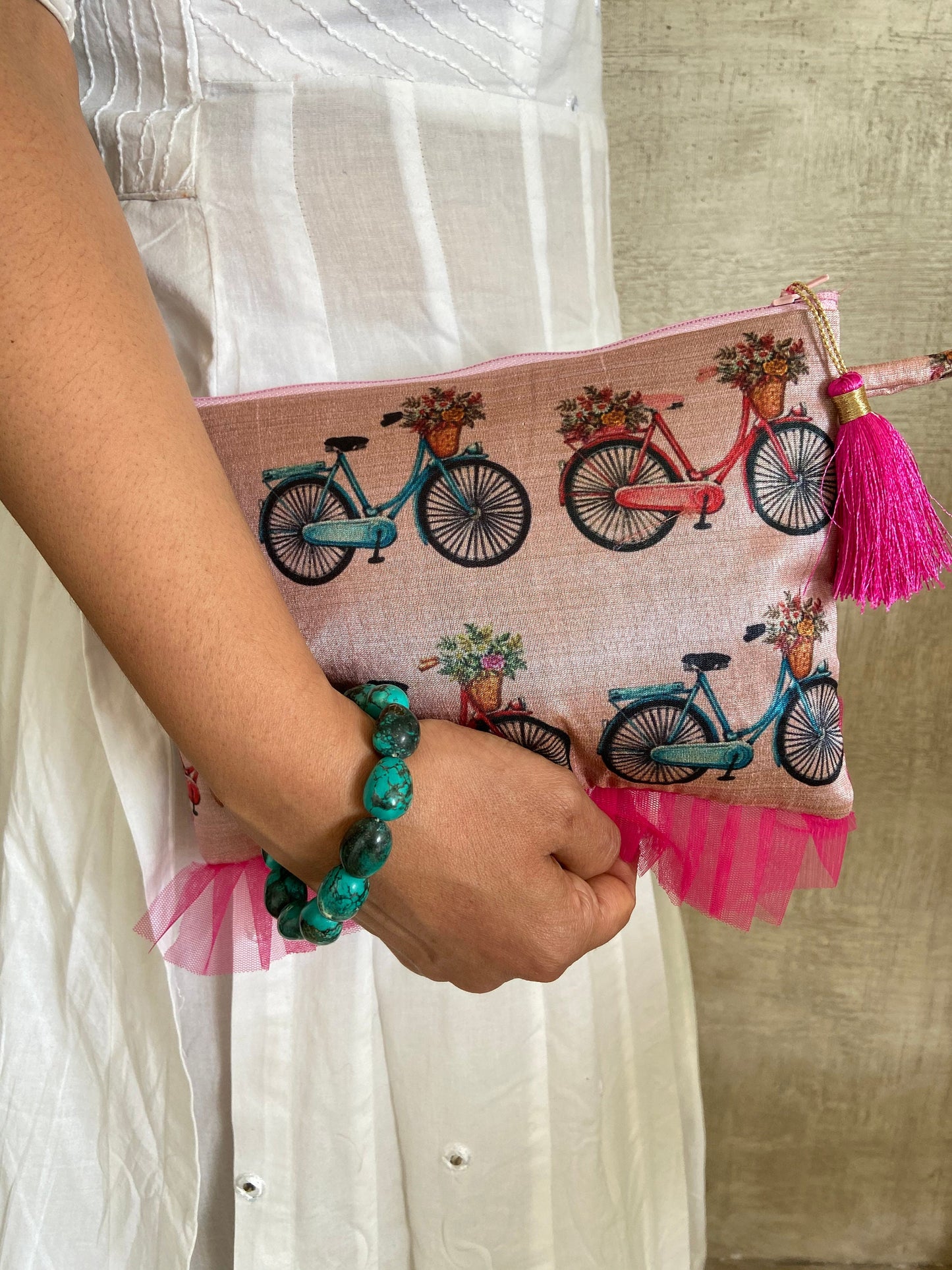 Savaari - Pink Cycle Print pouch,Quirky Make-up Cosmetic Toiletry Travel Accessory bag,Boho clutch,Zip pouch,Stocking filler,Christmas gift