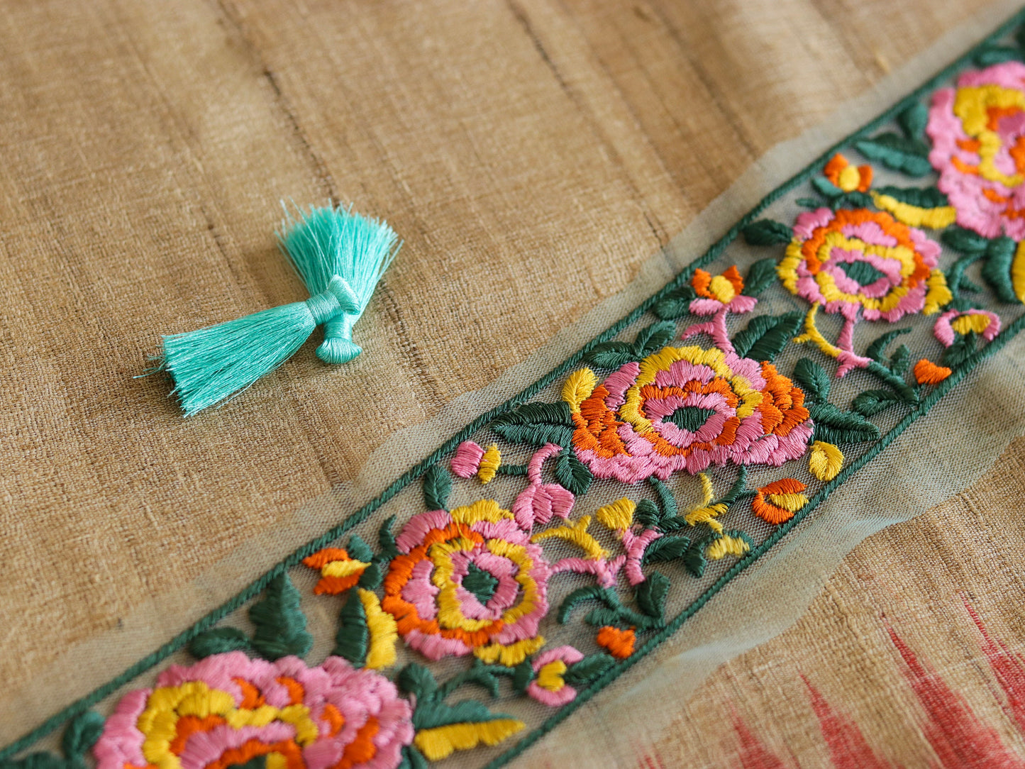 Teal Pink Floral Embroidered Trim,Teal Net Floral Border,Embroidery Lace,Green Net Lace,Pink Floral Trim,Indian Trim,Saree Border,Price/mt