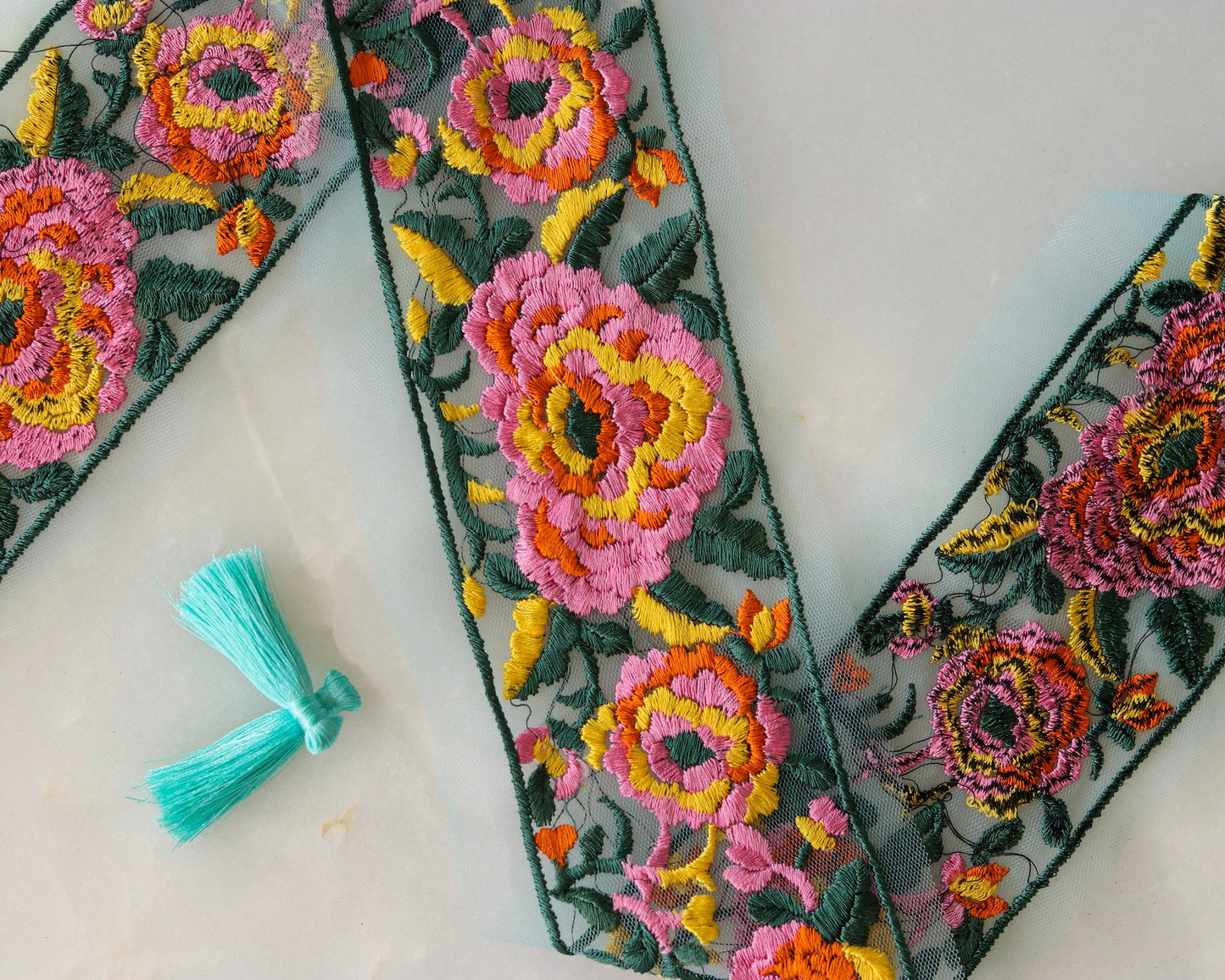 Teal Pink Floral Embroidered Trim,Teal Net Floral Border,Embroidery Lace,Green Net Lace,Pink Floral Trim,Indian Trim,Saree Border,Price/mt