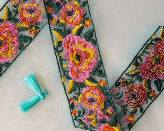 Teal Pink Floral Embroidered Trim,Teal Net Floral Border,Embroidery Lace,Green Net Lace,Pink Floral Trim,Indian Trim,Saree Border,Price/mt