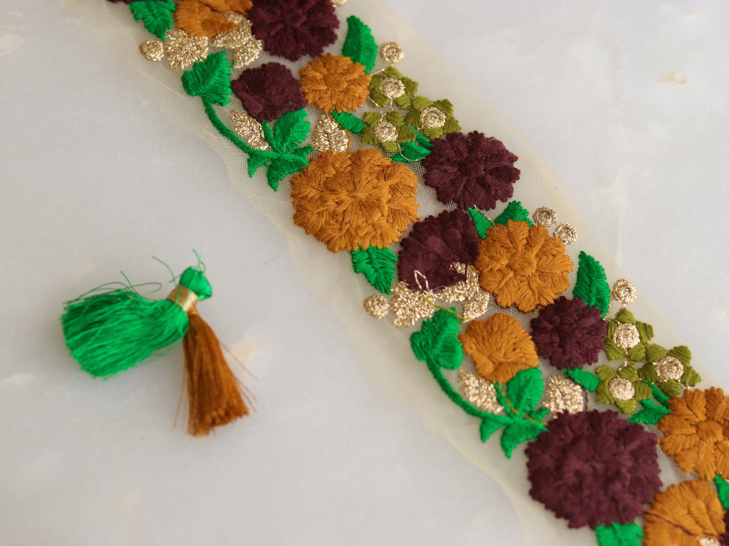 Brown Yellow Floral Embroidered Trim,Brown Floral Net Border,Embroidery Lace,Brown Yellow Floral Net Lace,Indian Trim,Saree Border,Price/mt