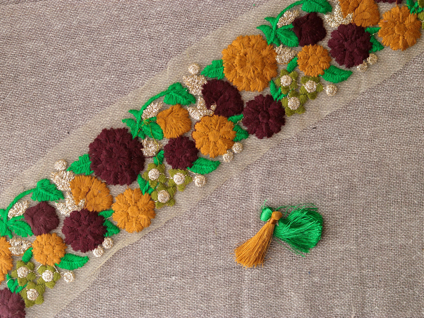 Brown Yellow Floral Embroidered Trim,Brown Floral Net Border,Embroidery Lace,Brown Yellow Floral Net Lace,Indian Trim,Saree Border,Price/mt