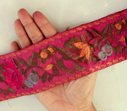 Pink Yellow Floral Embroidered Trim,Indian Fabric Embroidered Border,Pink Floral Lace,Parsi Embroidery Border,Pink Saree Border,Price/mtr